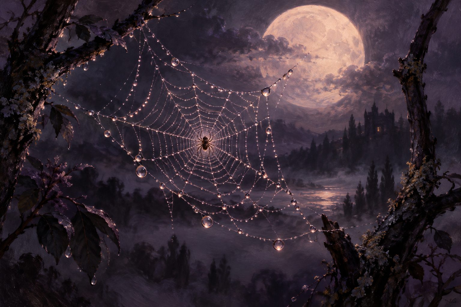 Pintura de uma teia de aranha com orvalho brilhando sob a lua, com uma pequena aranha no centro