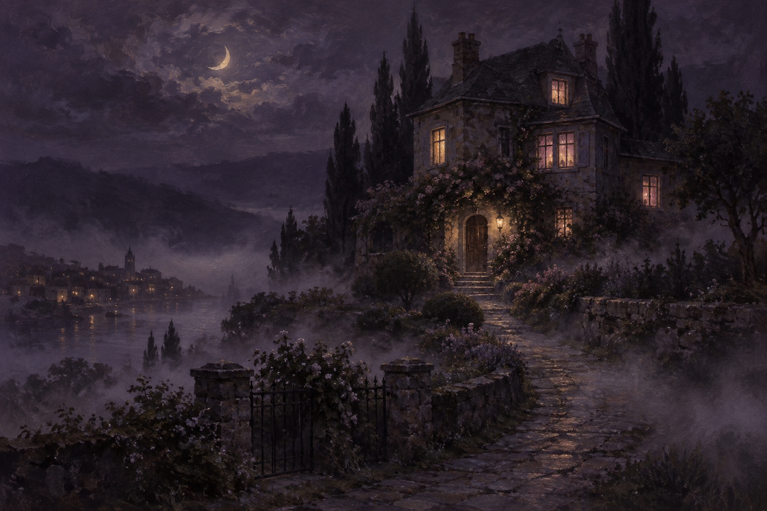 Pintura de uma casa antiga numa colina à noite, com janelas acesas em luz rosada e névoa ao redor.