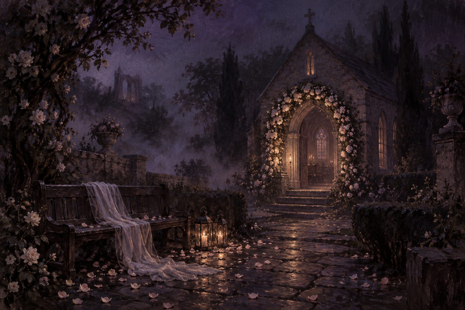 Pintura noturna de um arco de flores iluminado por lanternas, com um véu branco sobre um banco em meio à névoa.