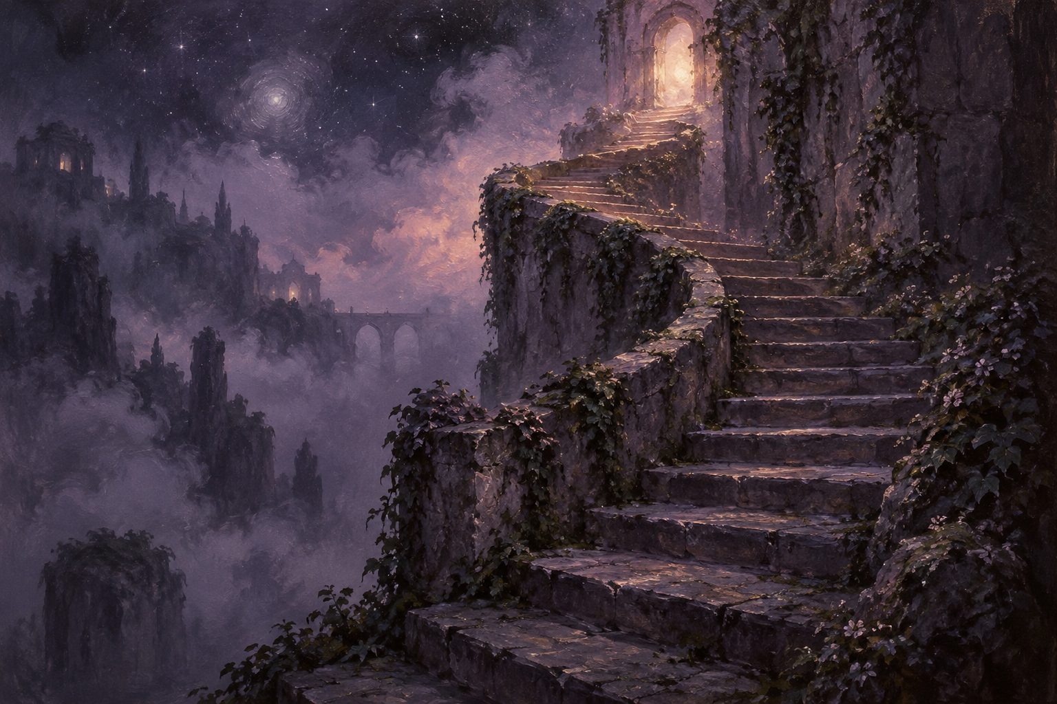 Pintura de uma escada de pedra em espiral subindo pela névoa noturna, com luz rosada no alto.