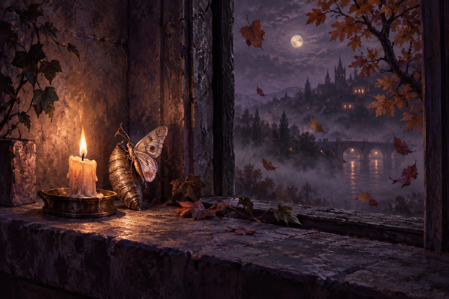 Pintura de uma vela acesa na janela ao lado de uma borboleta saindo do casulo, com uma árvore de outono na névoa