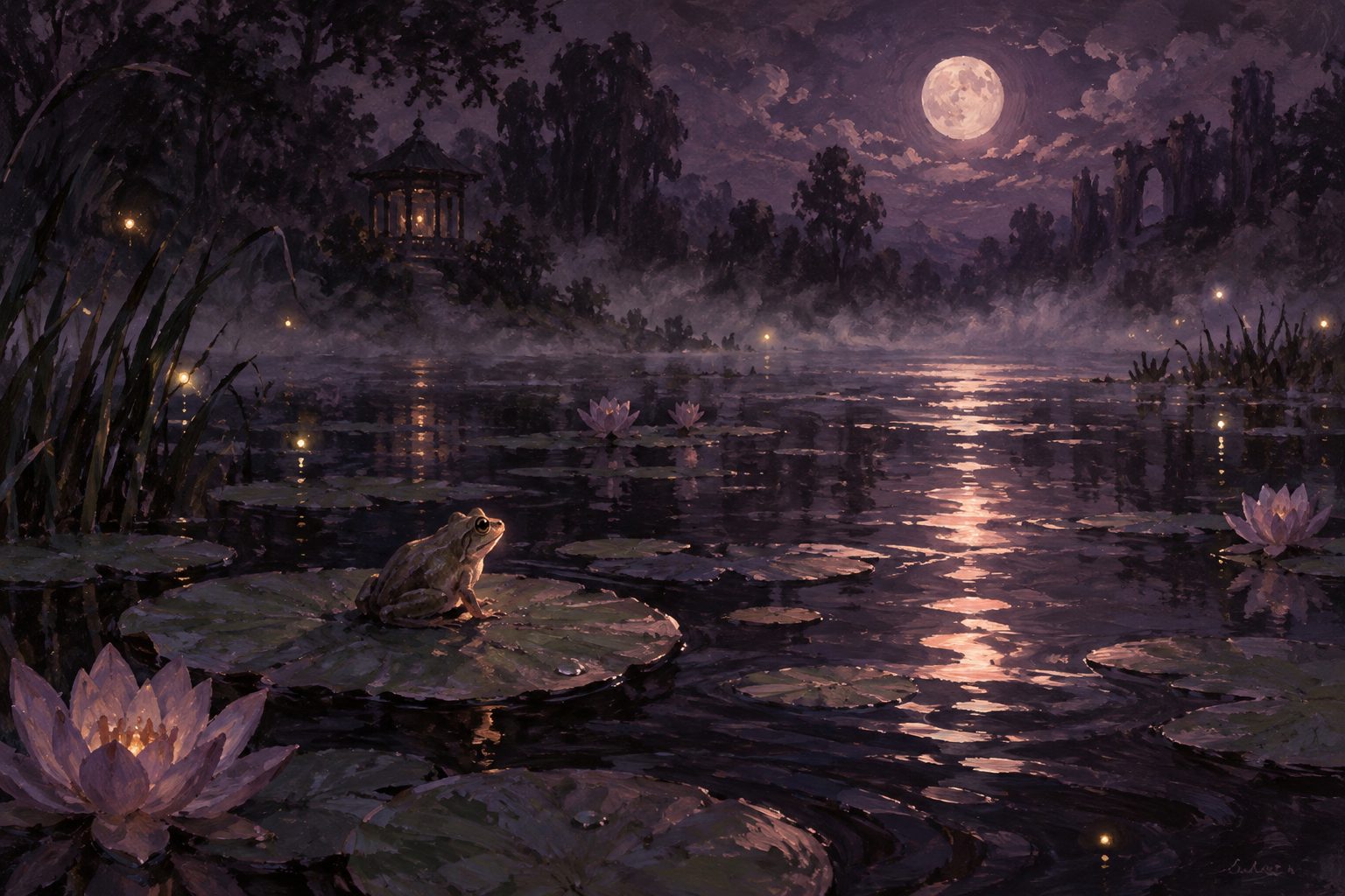 Pintura de um sapo sobre uma folha de vitória-régia em um lago à noite, com reflexo da lua e vaga-lumes
