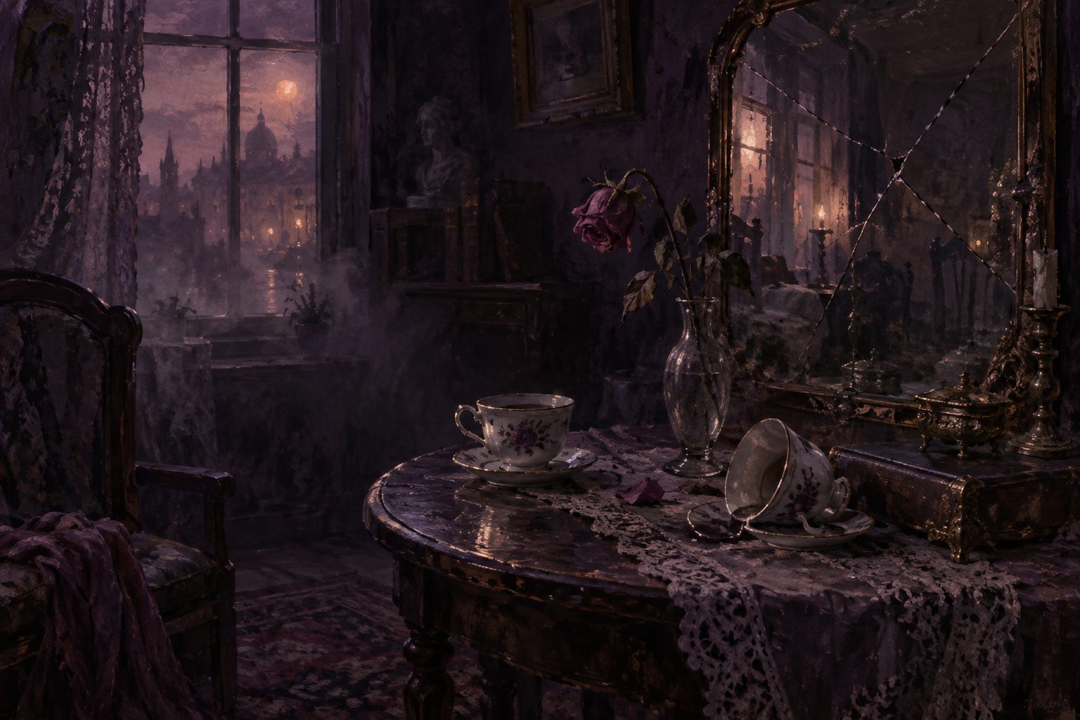 Pintura noturna de duas xícaras sobre uma mesa e um espelho rachado refletindo uma luz suave rosa e mel.