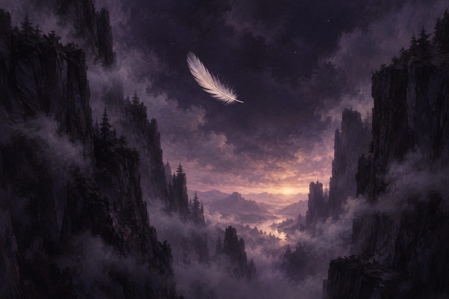 Pintura de uma pena caindo devagar entre penhascos enevoados à noite, iluminada por uma luz rosada vinda de baixo.