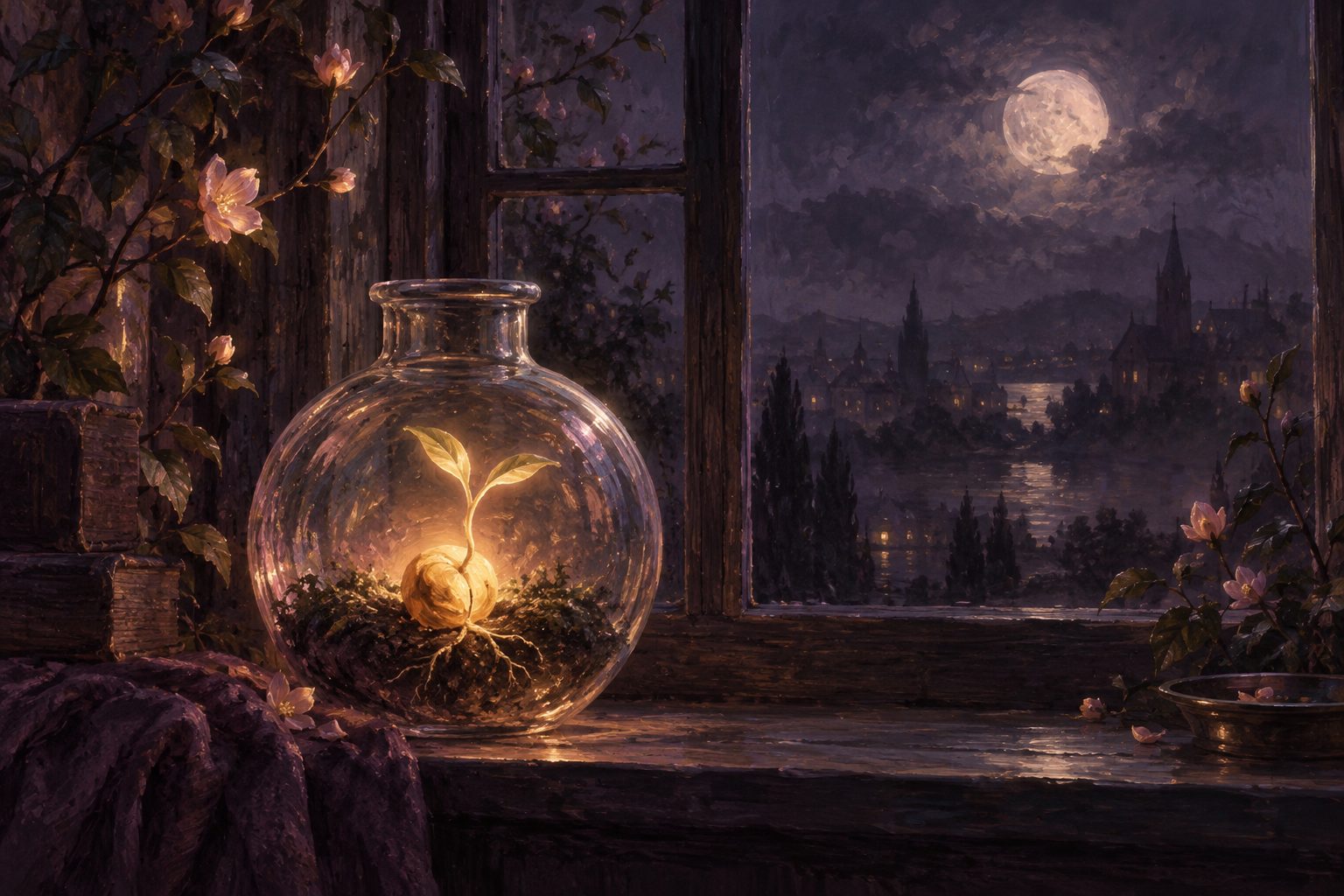 Pintura de uma semente luminosa brotando dentro de um vaso de vidro redondo, junto à janela sob a lua cheia