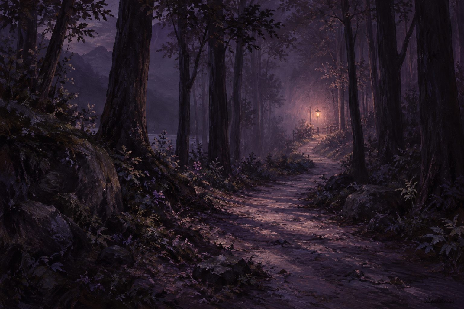 Pintura de uma trilha na floresta à noite, coberta de névoa, com uma luz rosada e acolhedora ao fundo.
