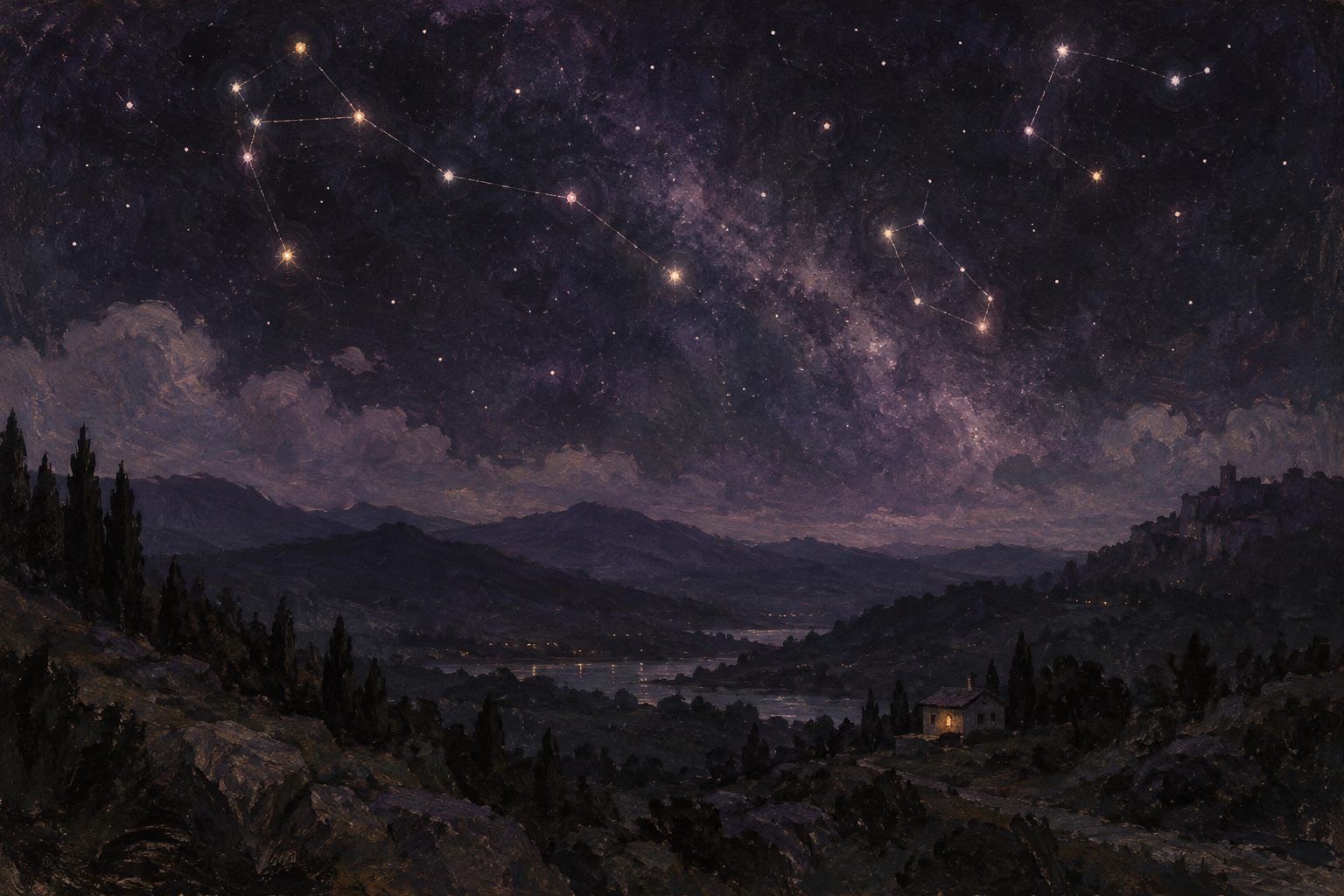 Pintura de um céu noturno sobre um vale enevoado, com uma silhueta planando ao longe sob uma luz rosada.